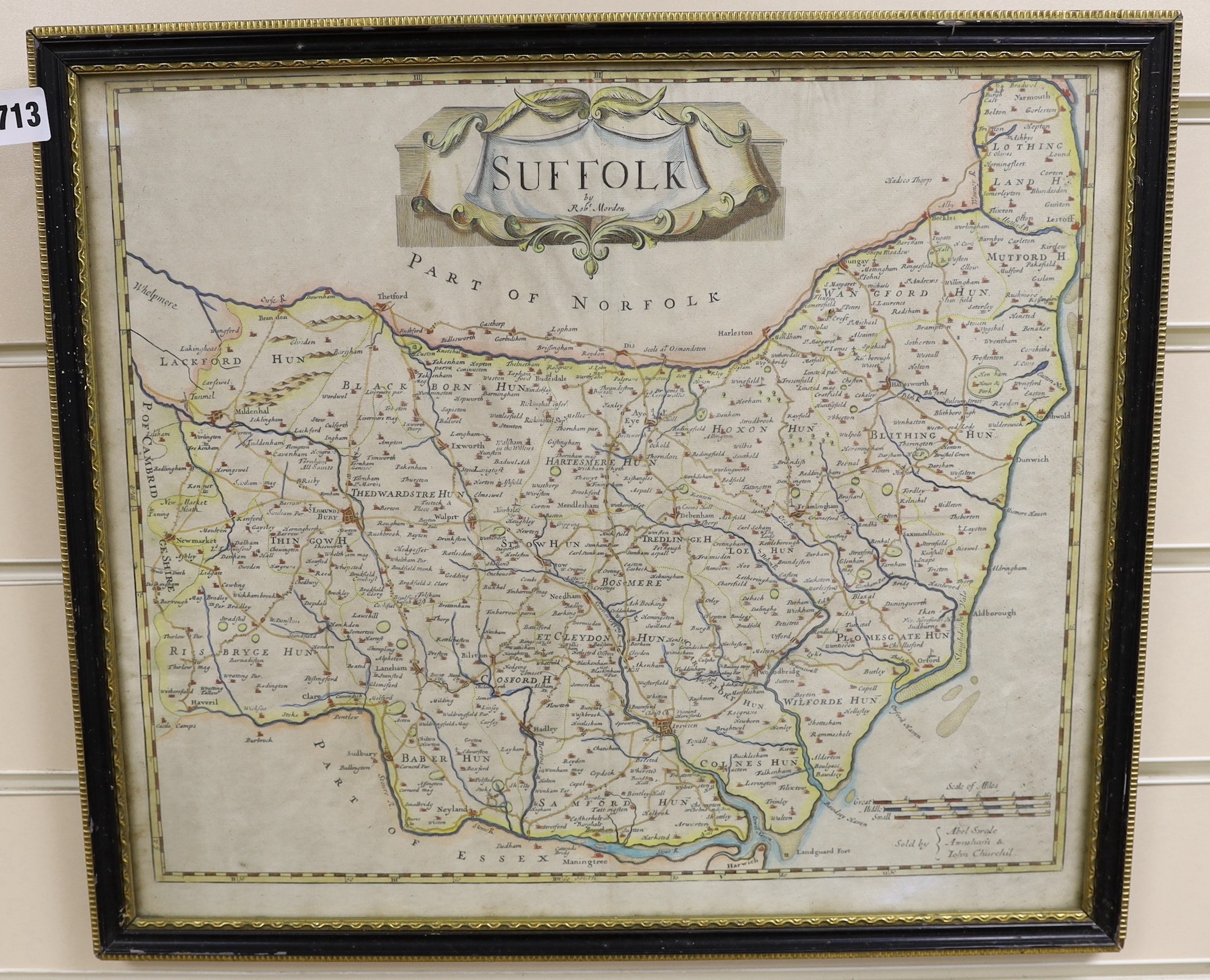 Robert Morden, coloured engraving, Map of Suffolk, 38 x 44cm